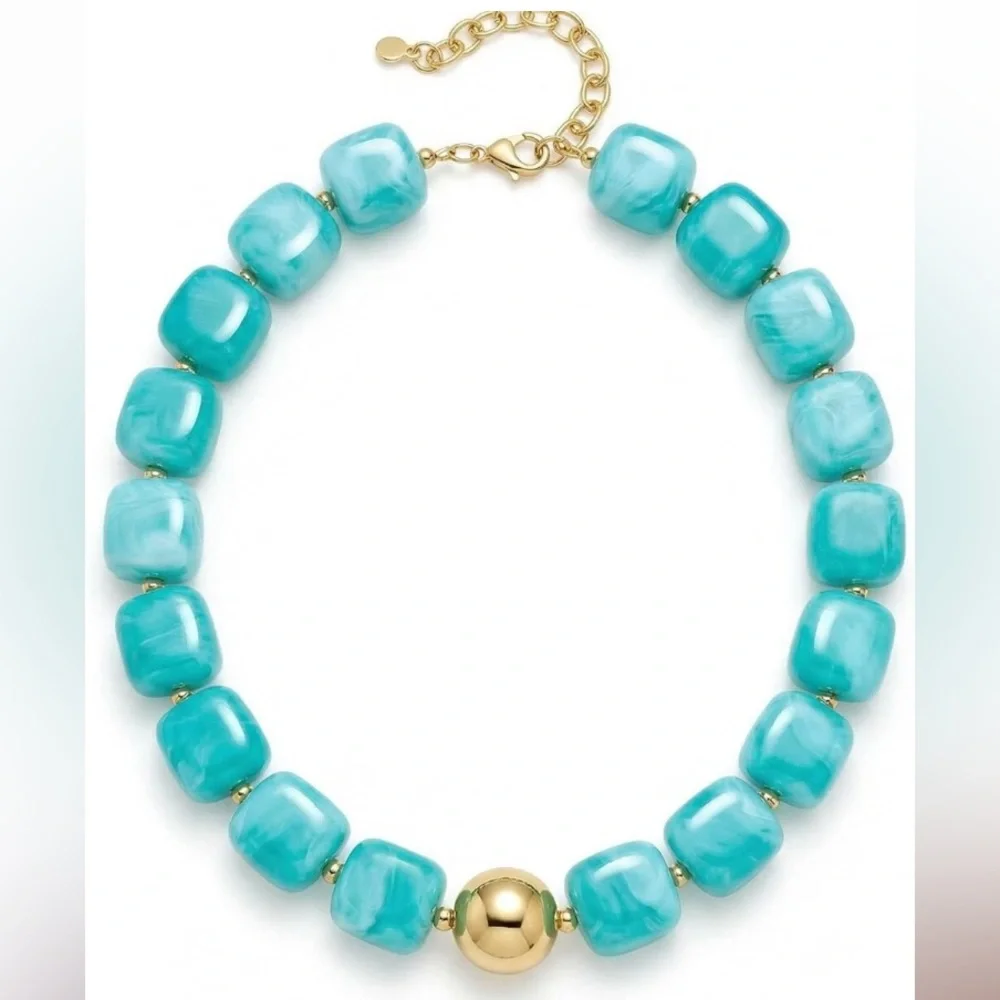 Turquoise Ocean Blue Bead Statement Necklace - Gold Accent new